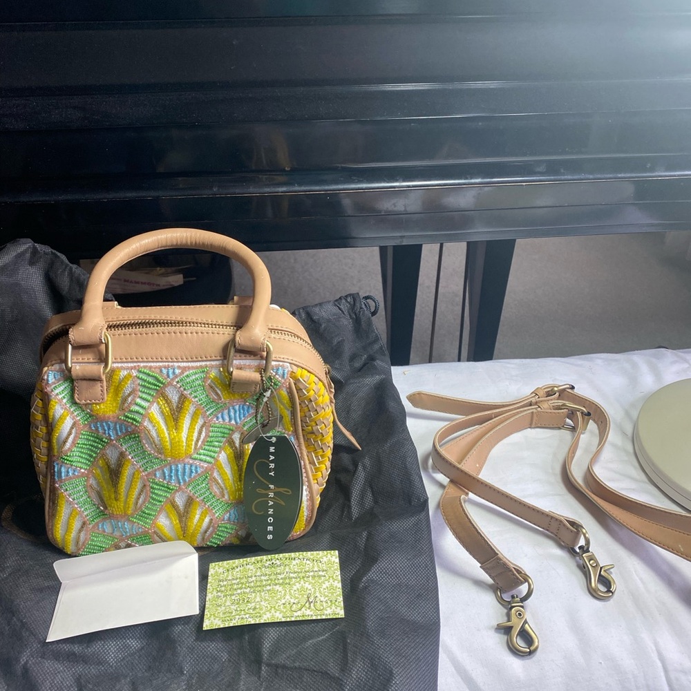 Mary Frances Beaded Multicolor Satchel with Tan Trim